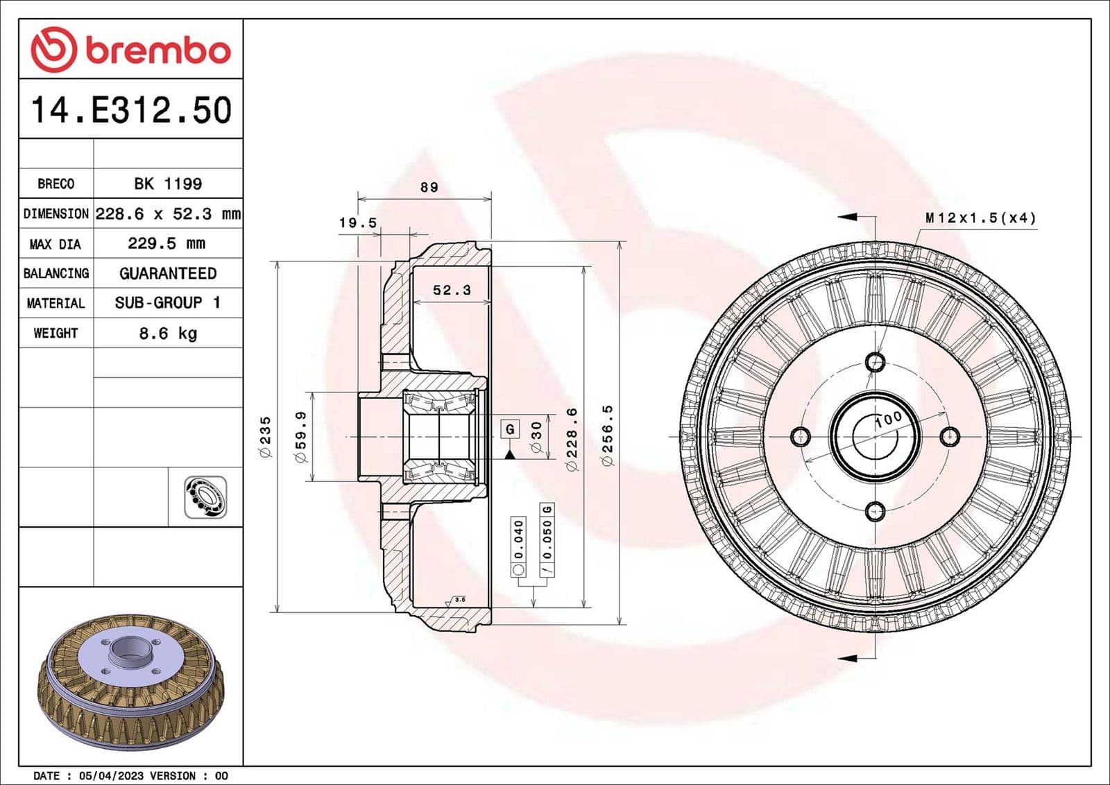 14e31250 Brembo Гальмівний барабан