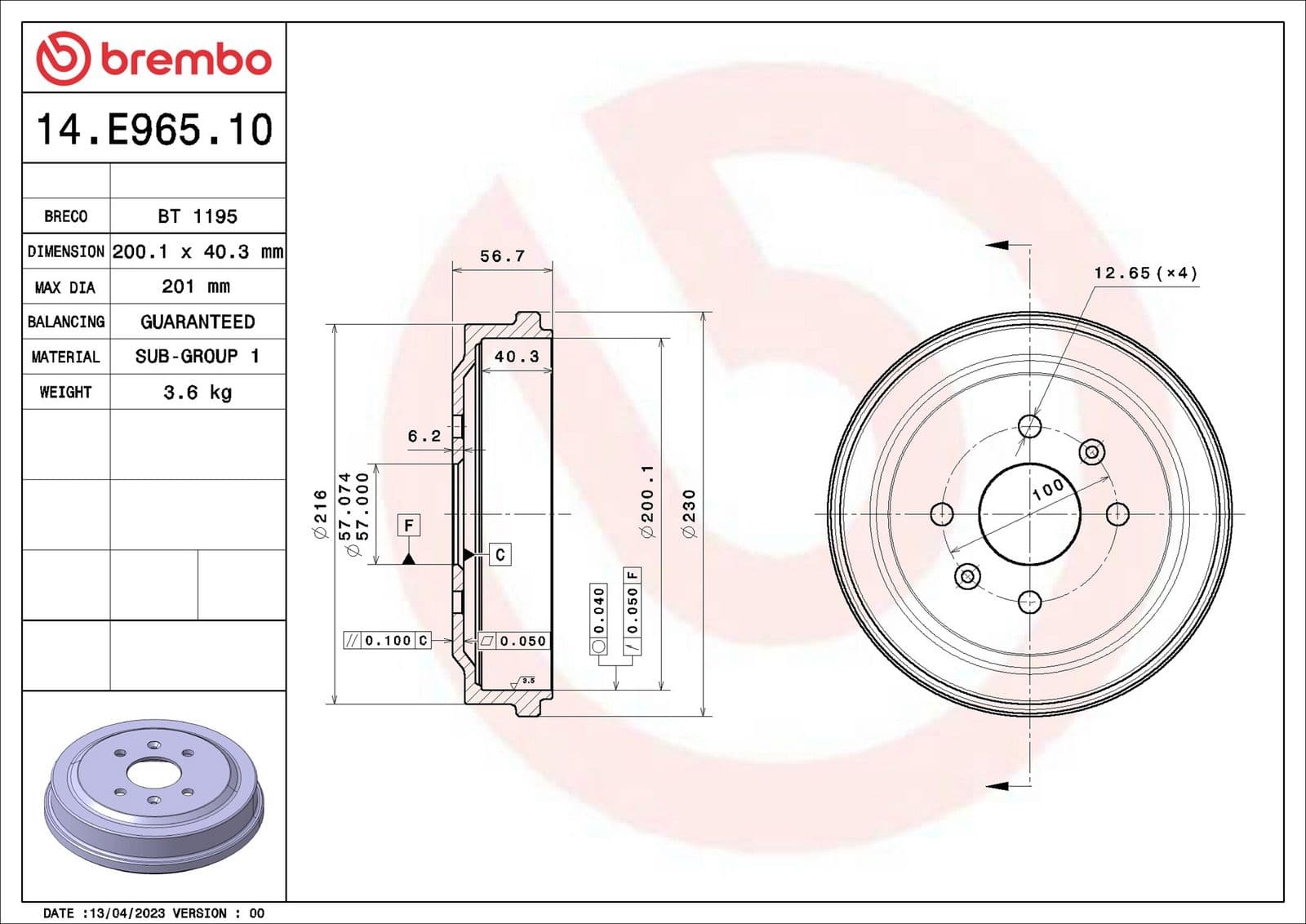 14e96510 Brembo Тормозной барабан