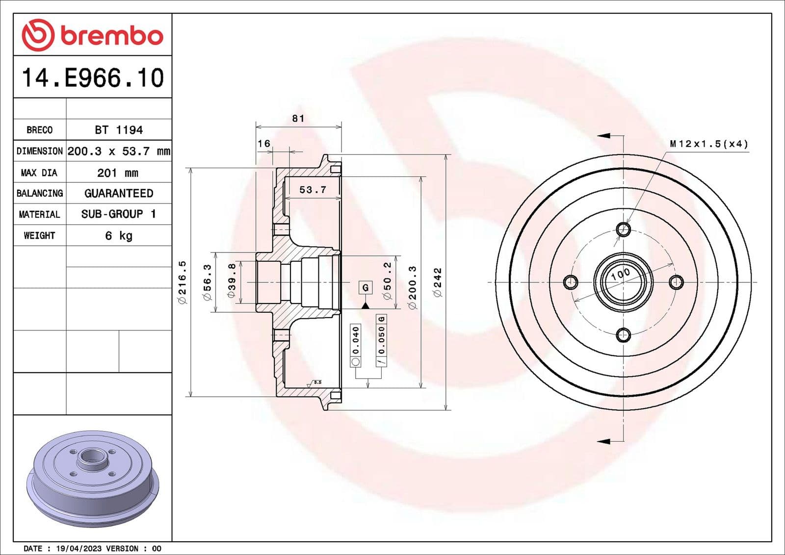 14e96610 Brembo Гальмівний барабан