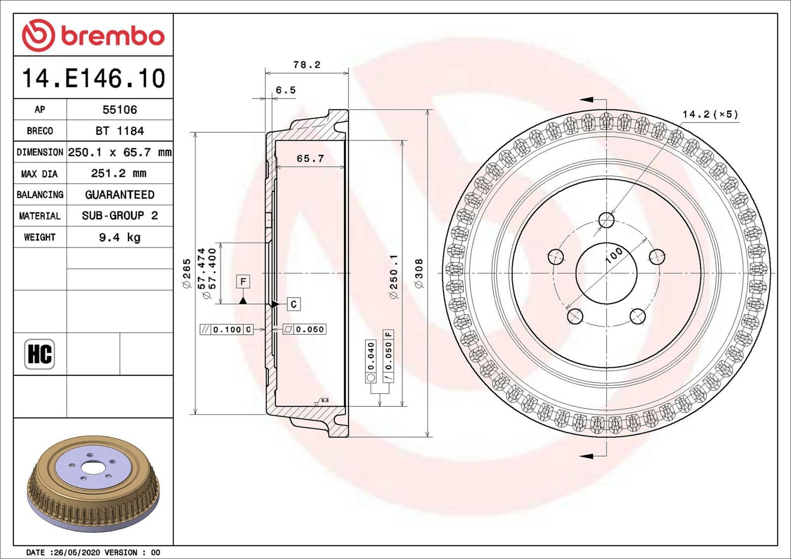 14e14610 Brembo Тормозной барабан