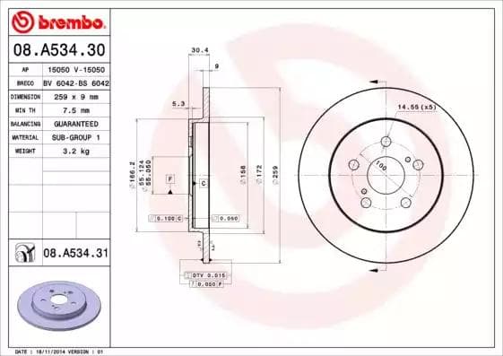 08A53431 Brembo Тормозной диск