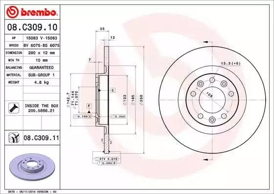 08C30911 Brembo Тормозной диск