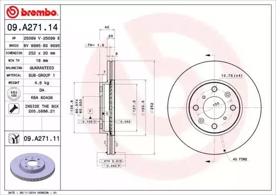09.A271.14 Brembo Тормозной диск