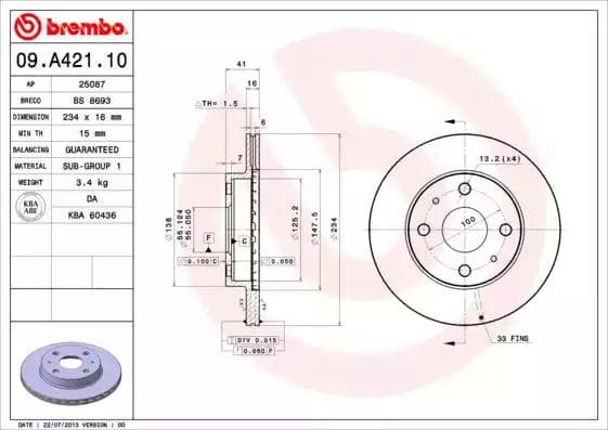 09.A421.10 Brembo Тормозной диск