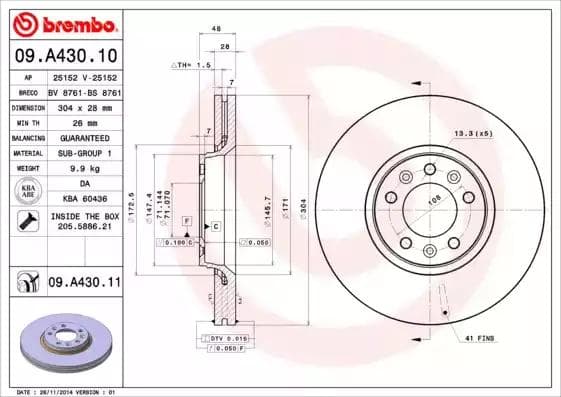 09A43011 Brembo Тормозной диск