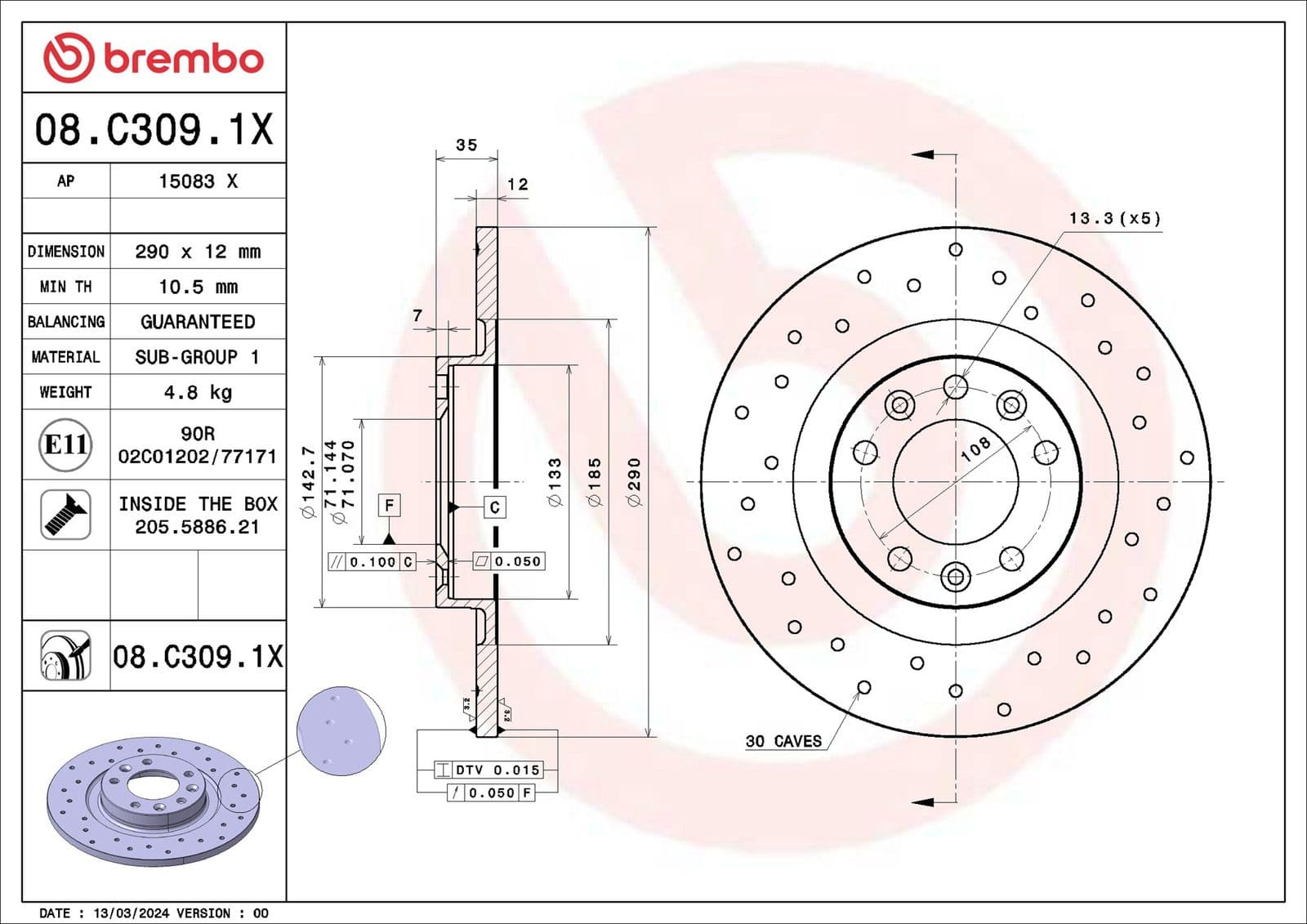 08c3091x Brembo Тормозной диск