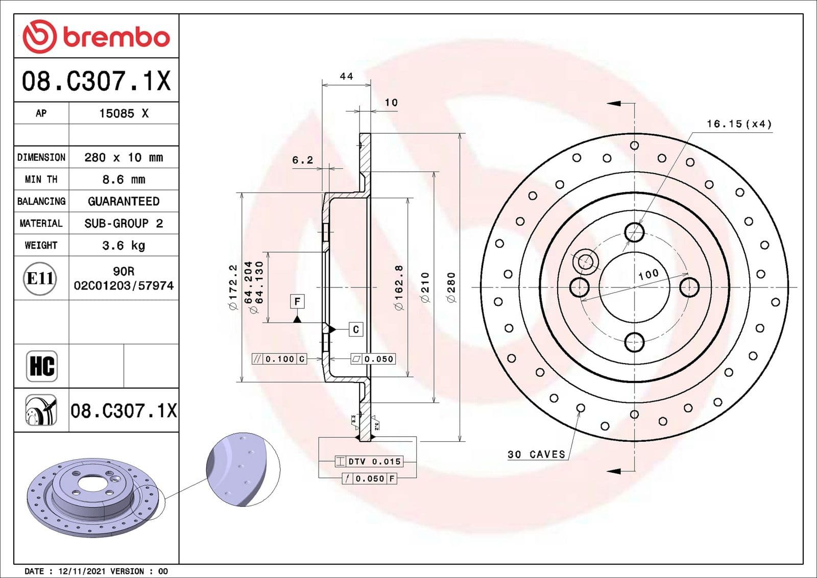 08c3071x Brembo Тормозной диск