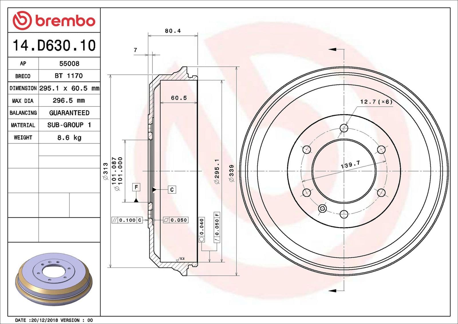 14d63010 Brembo Тормозной барабан для Isuzu D-Max
