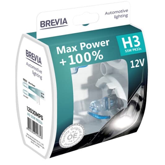 Автолампа Brevia Max Power +100% H3 PK22s 55 W прозоро-блакитна 12030MPS