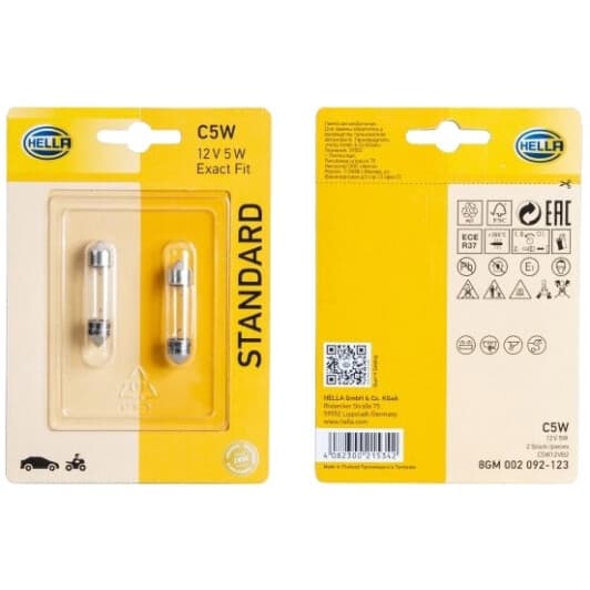 Автолампа Behr Hella Standard C5W SV8,5-8 5 W прозрачная 8GM002092123