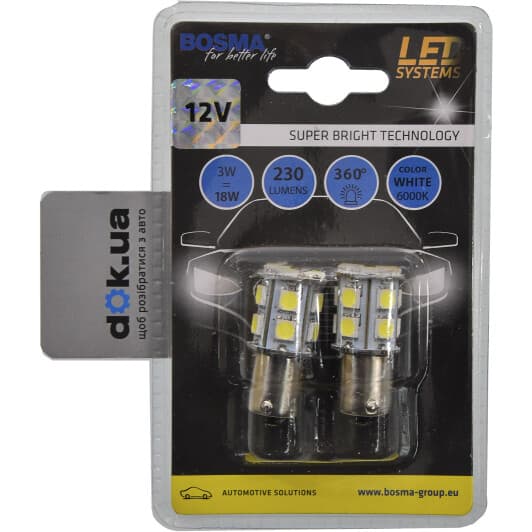 Автолампа Bosma P21W BA15s 3 W белая 3055
