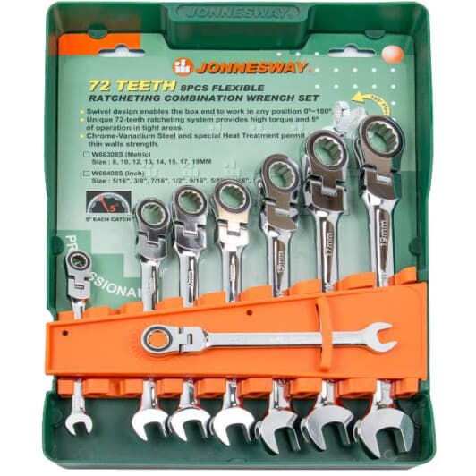 Набор ключей комбинированных трещоточных Jonnesway W66308S 8-19 мм с шарниром 8 шт