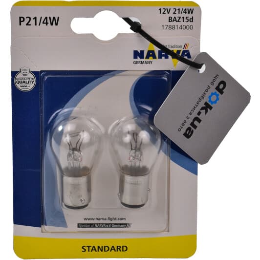 Автолампа Narva P21/4W BAZ15d 21 W прозрачная 178814000