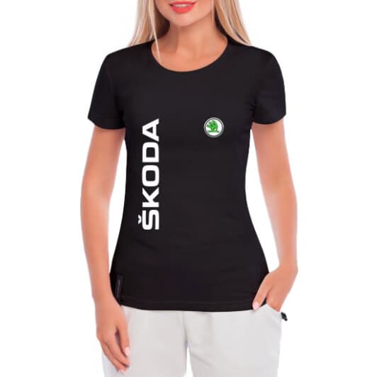 Футболка женская Globuspioner классическая Skoda Logo Vertical черная принт спереди