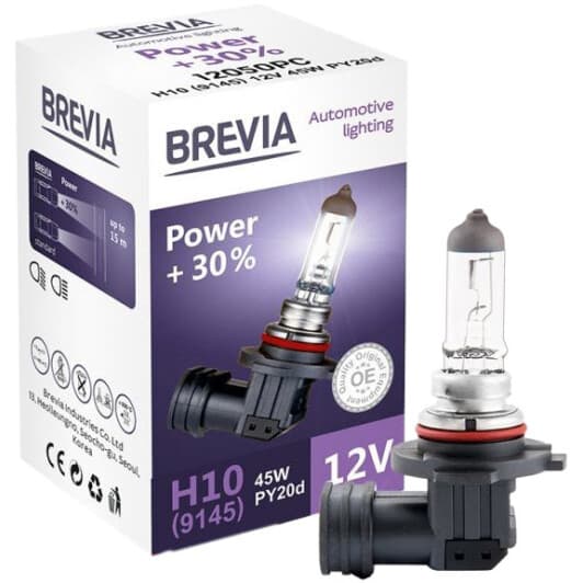 Автолампа Brevia Power +30% H10 PY20d 45 W прозрачная 12050PC