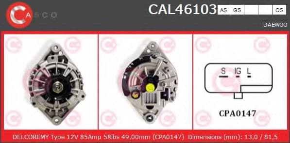 CAL46103AS Casco Генератор для Daewoo Lanos