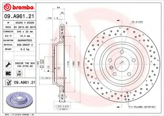 09.A961.21 Brembo Гальмівний диск